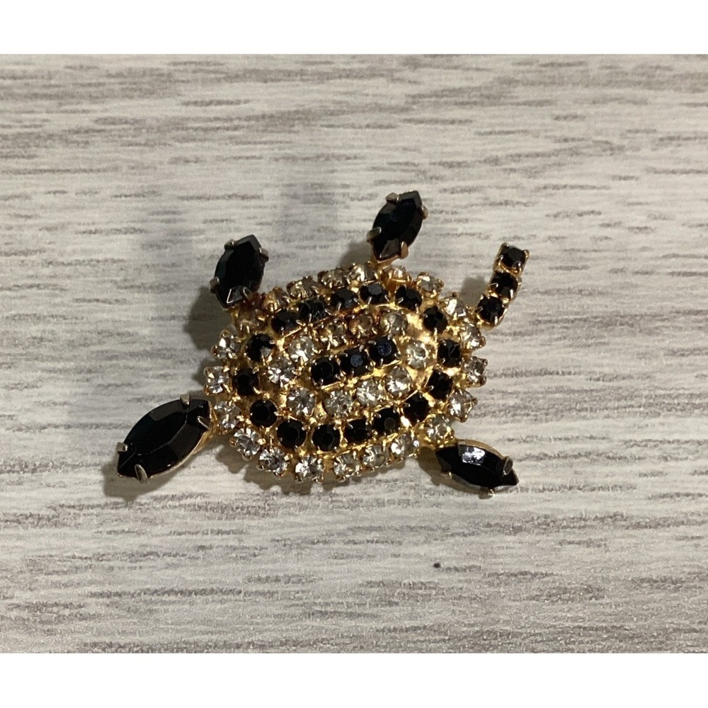 Goldtone‎ Pin w/ Faux Diamonds and Black Stones Turtle Vintage *Missing a Leg*